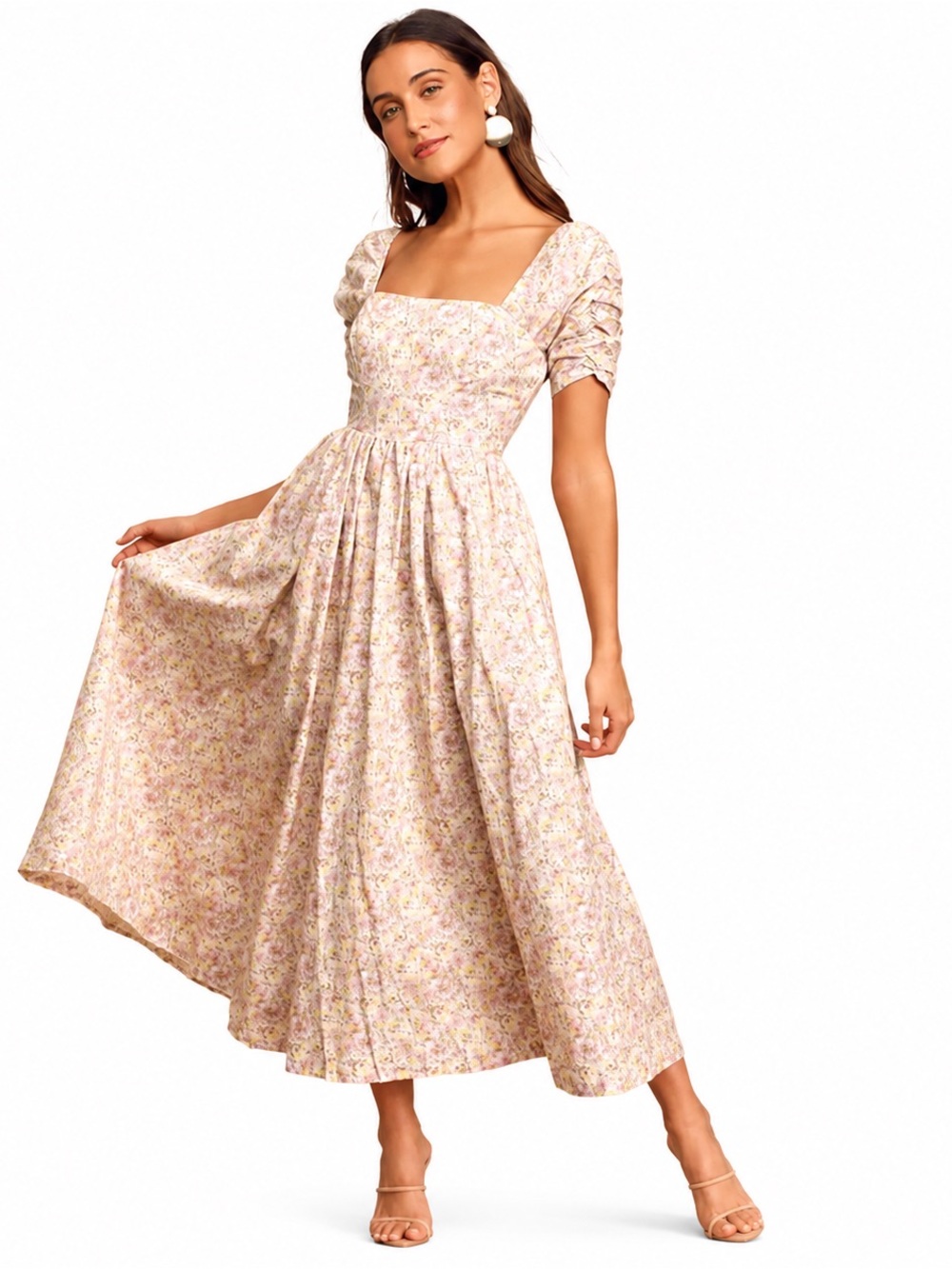 AMAZING! Free People She's A Dream Cream Floral Puff Sleeve Cotton Midi Dress